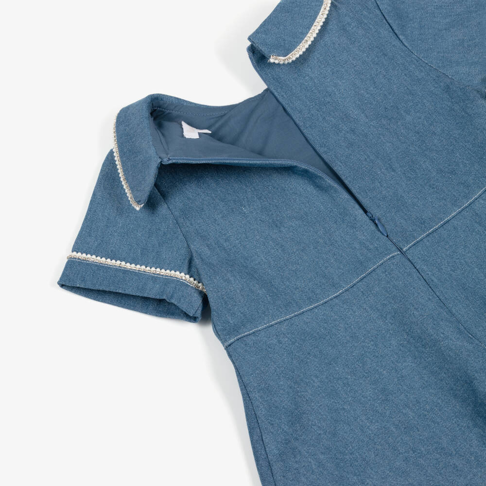 Patachou-Girls Blue Denim Dress with Diamanté Trimmed Collar | Childrensalon Outlet