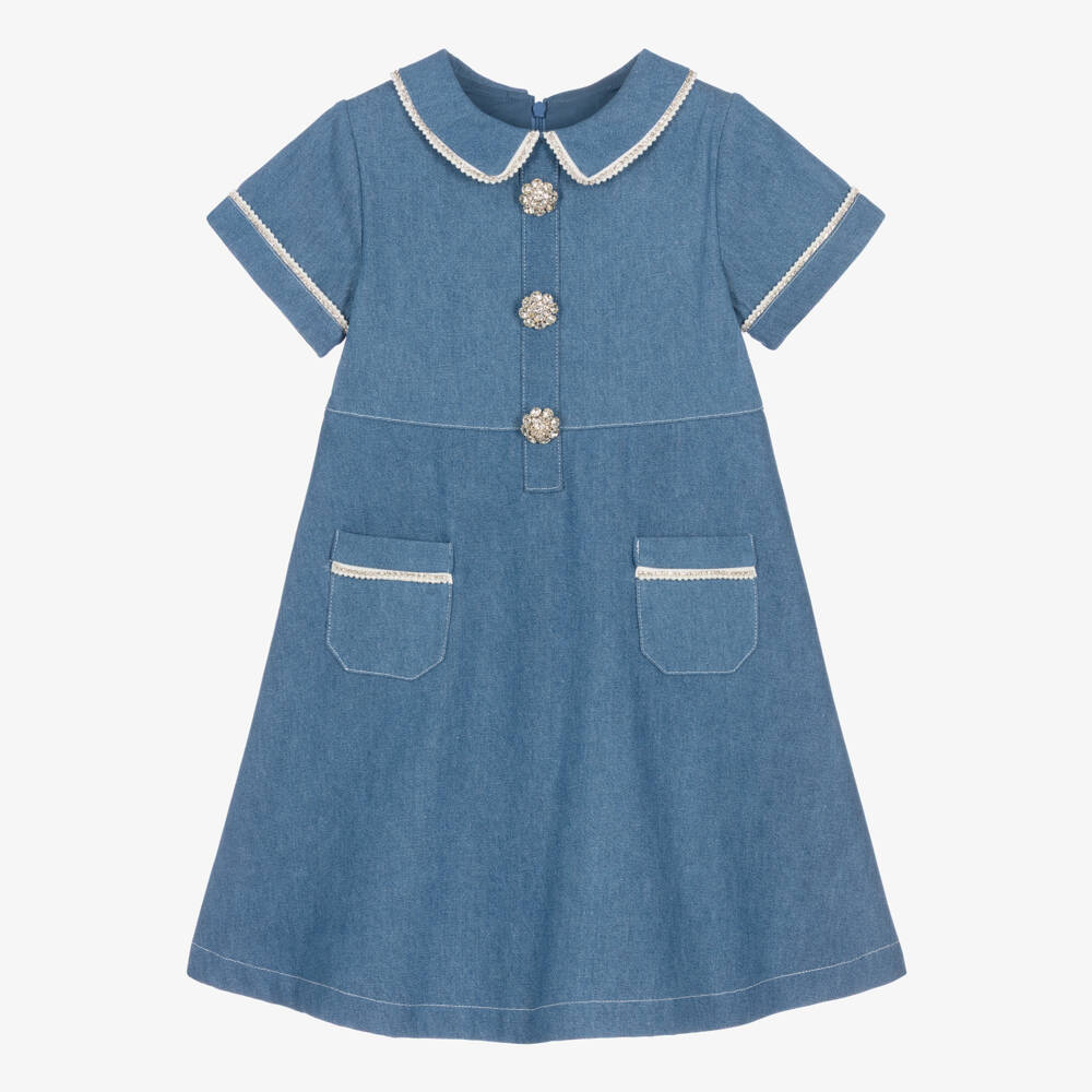 Patachou-Girls Blue Denim Dress with Diamanté Trimmed Collar | Childrensalon Outlet
