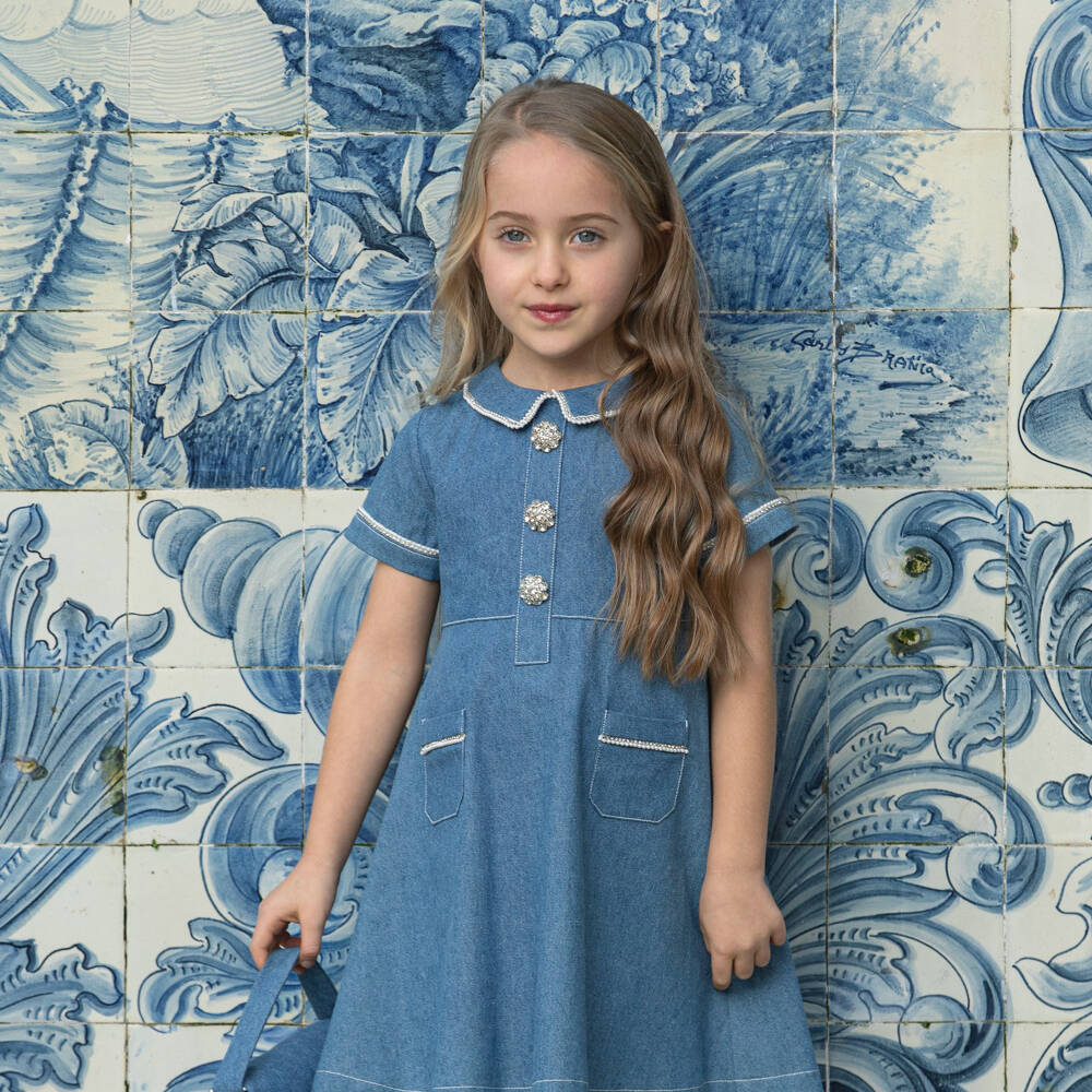 Patachou-Girls Blue Denim Dress with Diamanté Trimmed Collar | Childrensalon Outlet