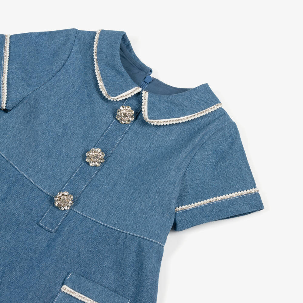Patachou-Girls Blue Denim Dress with Diamanté Trimmed Collar | Childrensalon Outlet
