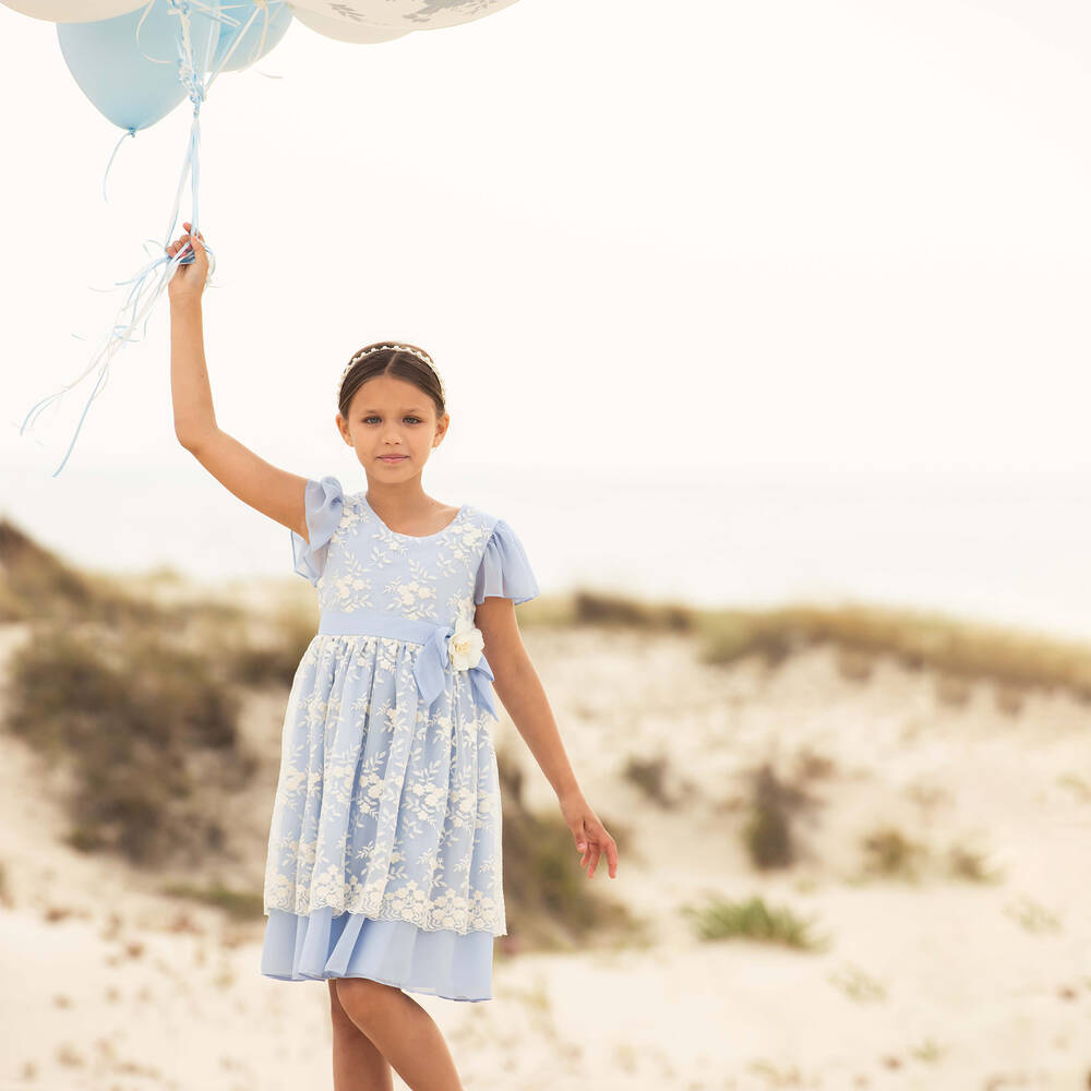 Patachou-Girls Blue Embroidered Chiffon Dress | Childrensalon Outlet