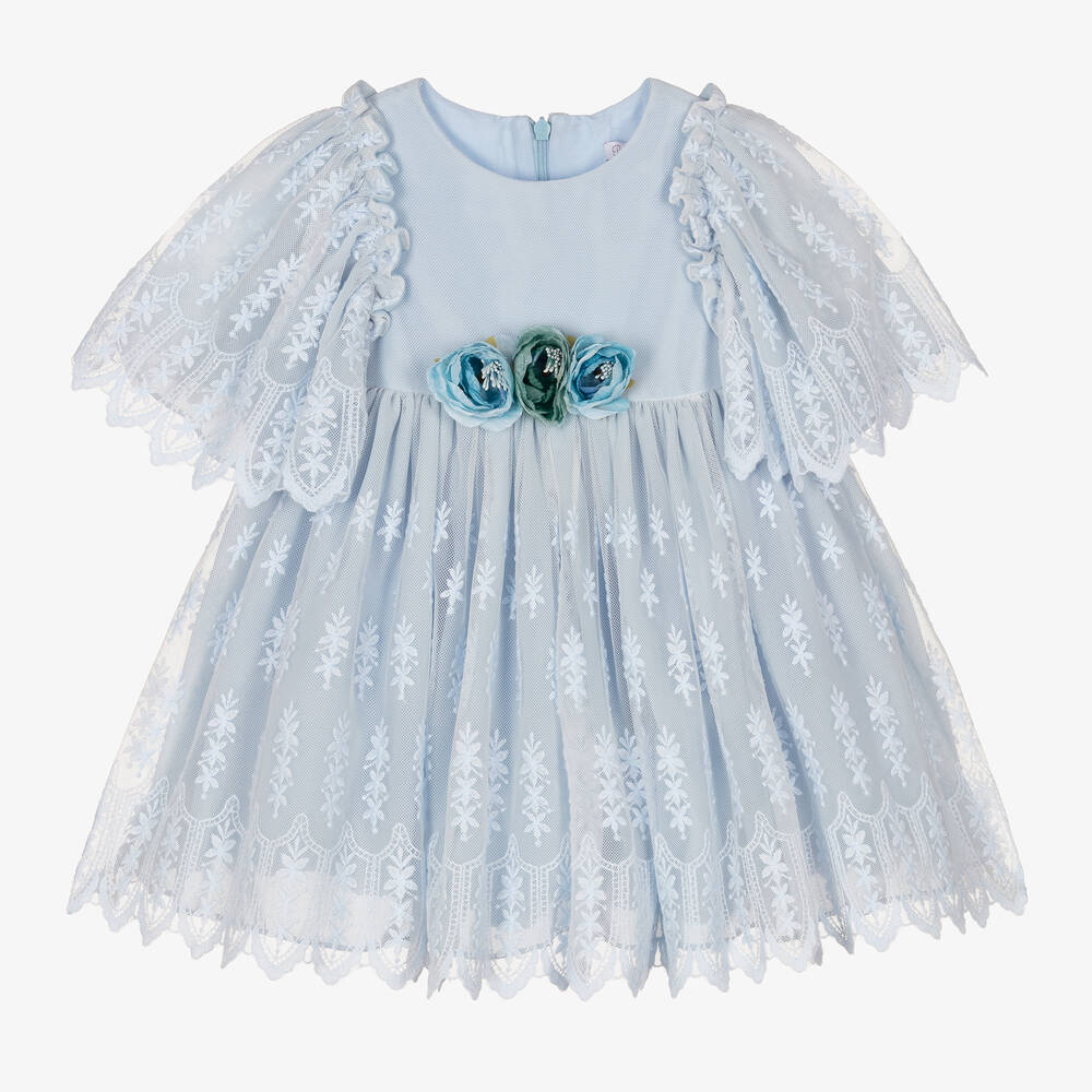 Patachou - Girls Blue Embroidered Tulle Dress | Childrensalon