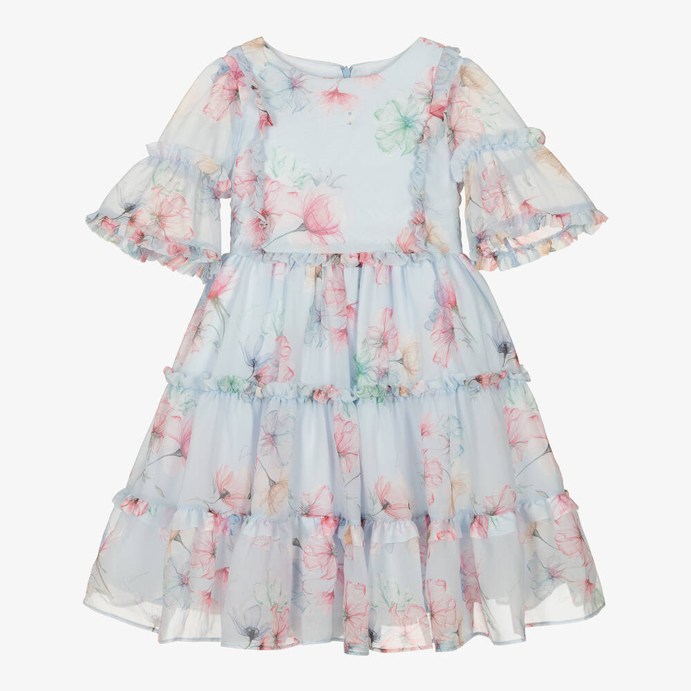 Patachou-Girls Blue Floral Chiffon Dress | Childrensalon Outlet