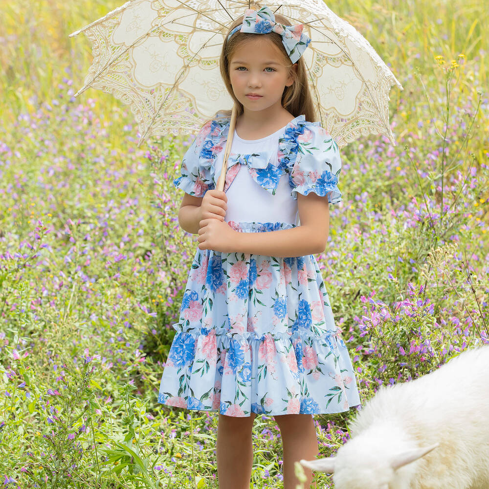 Patachou-Голубое хлопковое платье в цветочек для девочек | Childrensalon Outlet