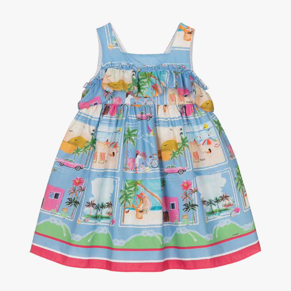 Patachou - Girls Blue Holiday Print Cotton Dress | Childrensalon