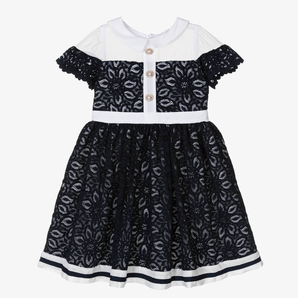 Patachou-Girls Blue Lace & Ivory Chiffon Dress | Childrensalon Outlet
