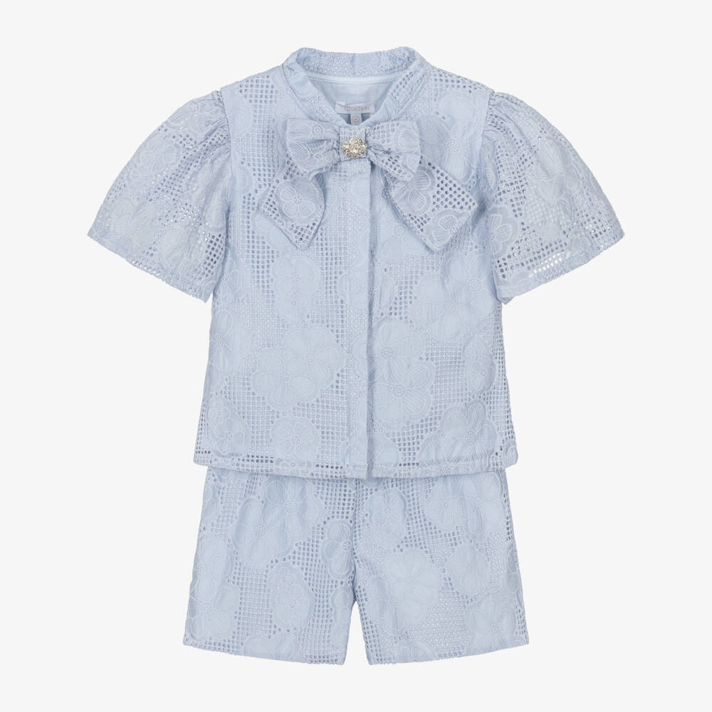 Patachou-Girls Blue Lace Shorts Set with Diamanté Bow | Childrensalon Outlet