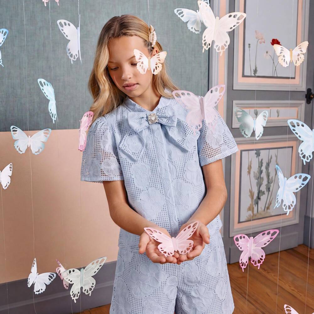 Patachou-Girls Blue Lace Shorts Set with Diamanté Bow | Childrensalon Outlet
