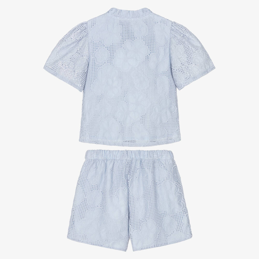 Patachou-Girls Blue Lace Shorts Set with Diamanté Bow | Childrensalon Outlet