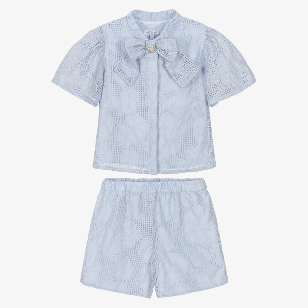 Patachou-Girls Blue Lace Shorts Set with Diamanté Bow | Childrensalon Outlet