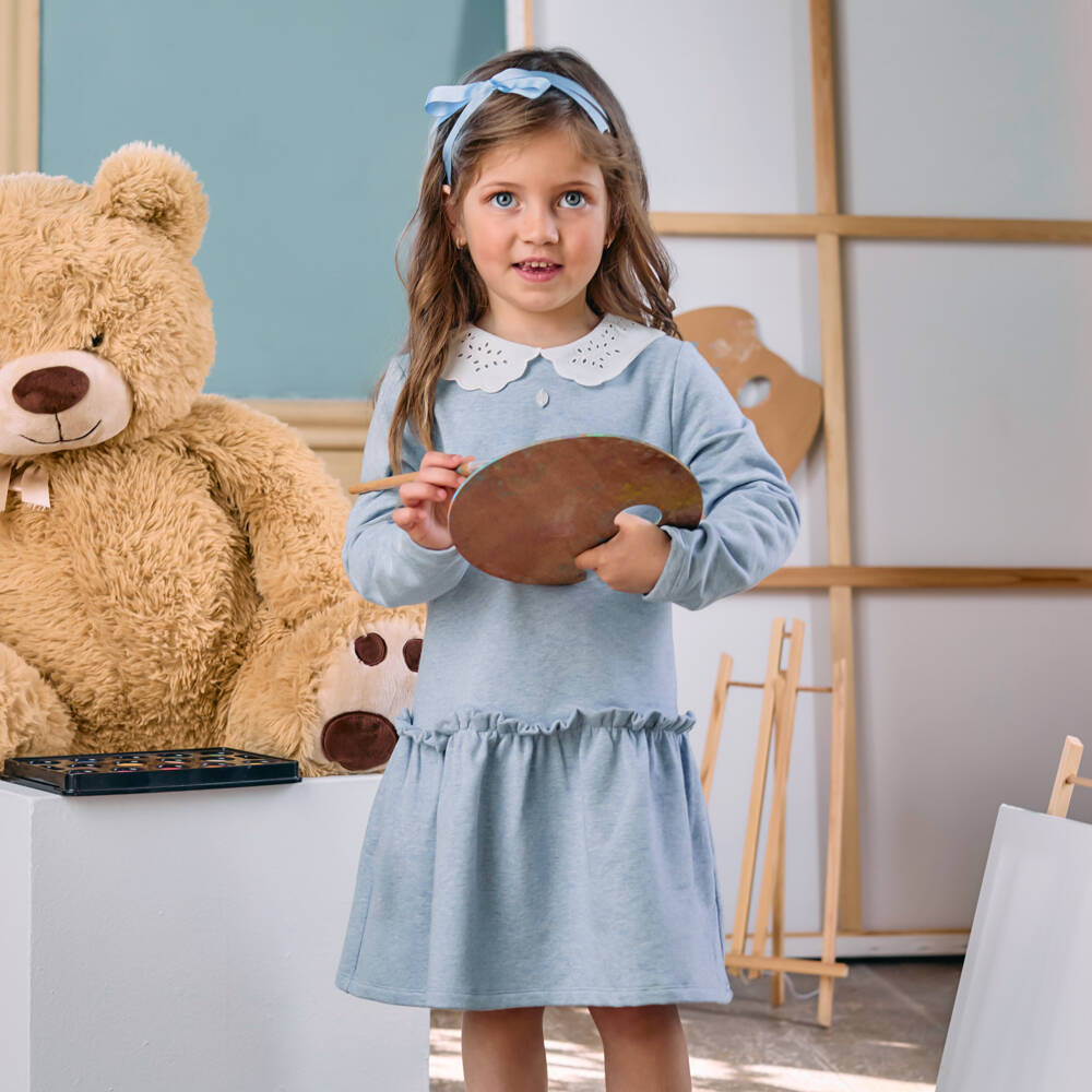 Patachou-فستان بناتي أزرق بقطن ناعم وياقة متموجة | Childrensalon Outlet