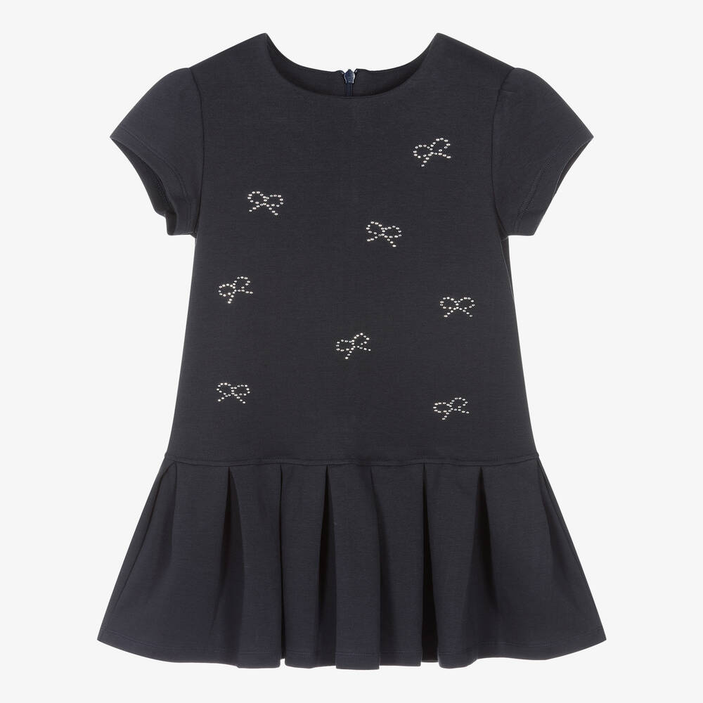 Patachou-Girls Blue Pleated Cotton Jersey Dress | Childrensalon Outlet