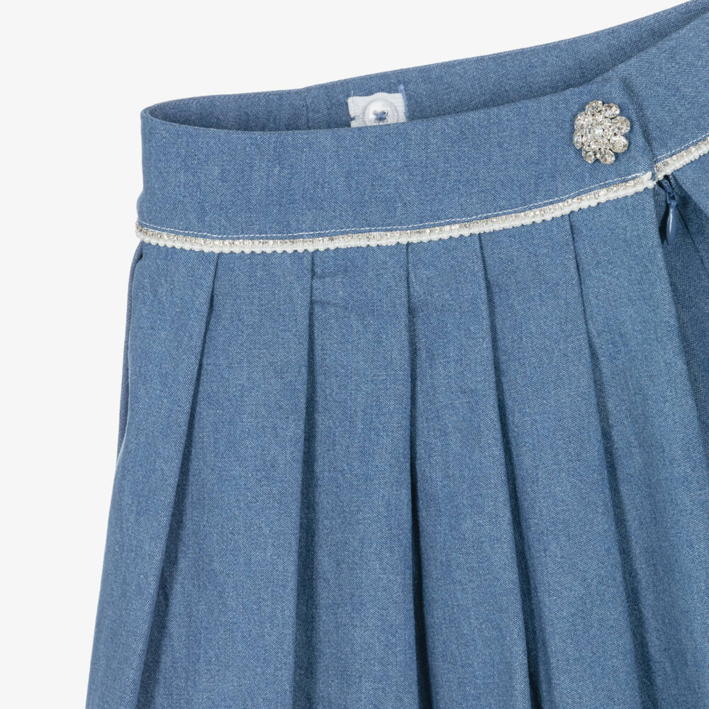 Patachou-Girls Blue Pleated Denim Skirt with Crystals & Pearl Beads | Childrensalon Outlet