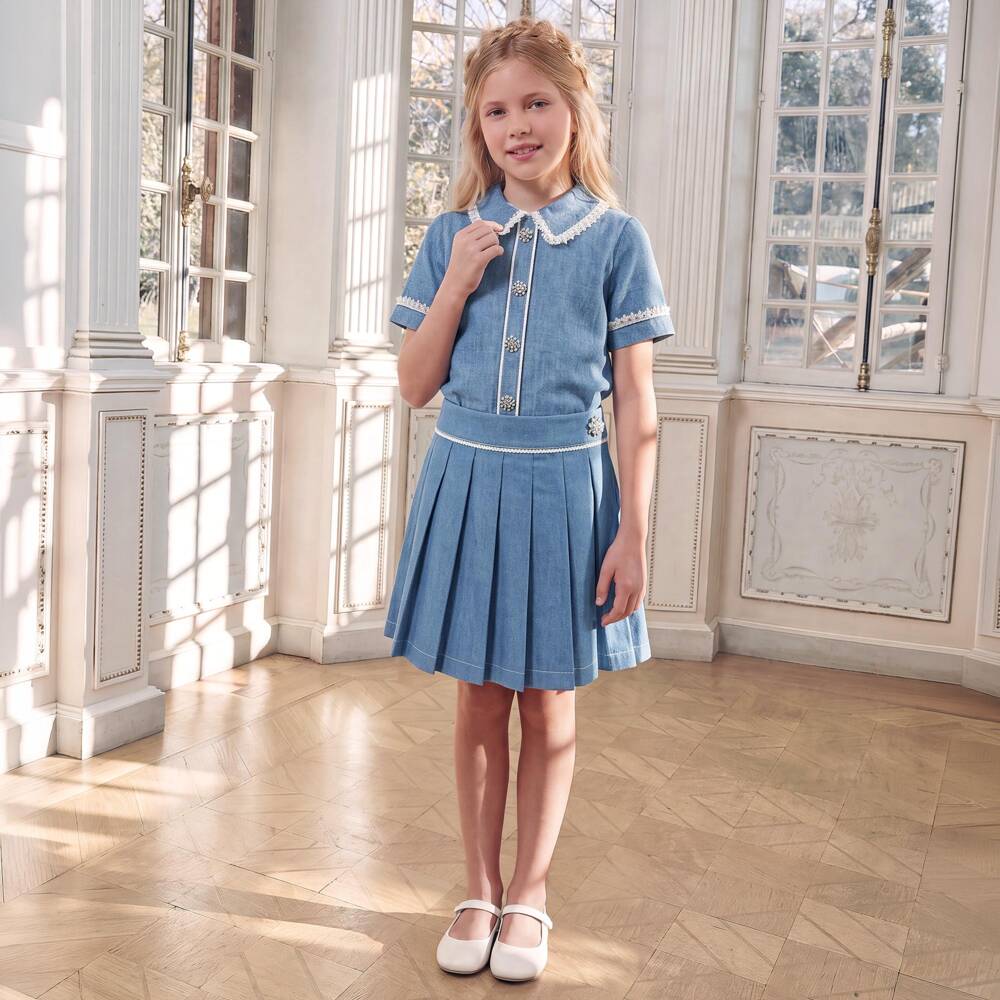 Patachou-Girls Blue Pleated Denim Skirt with Crystals & Pearl Beads | Childrensalon Outlet