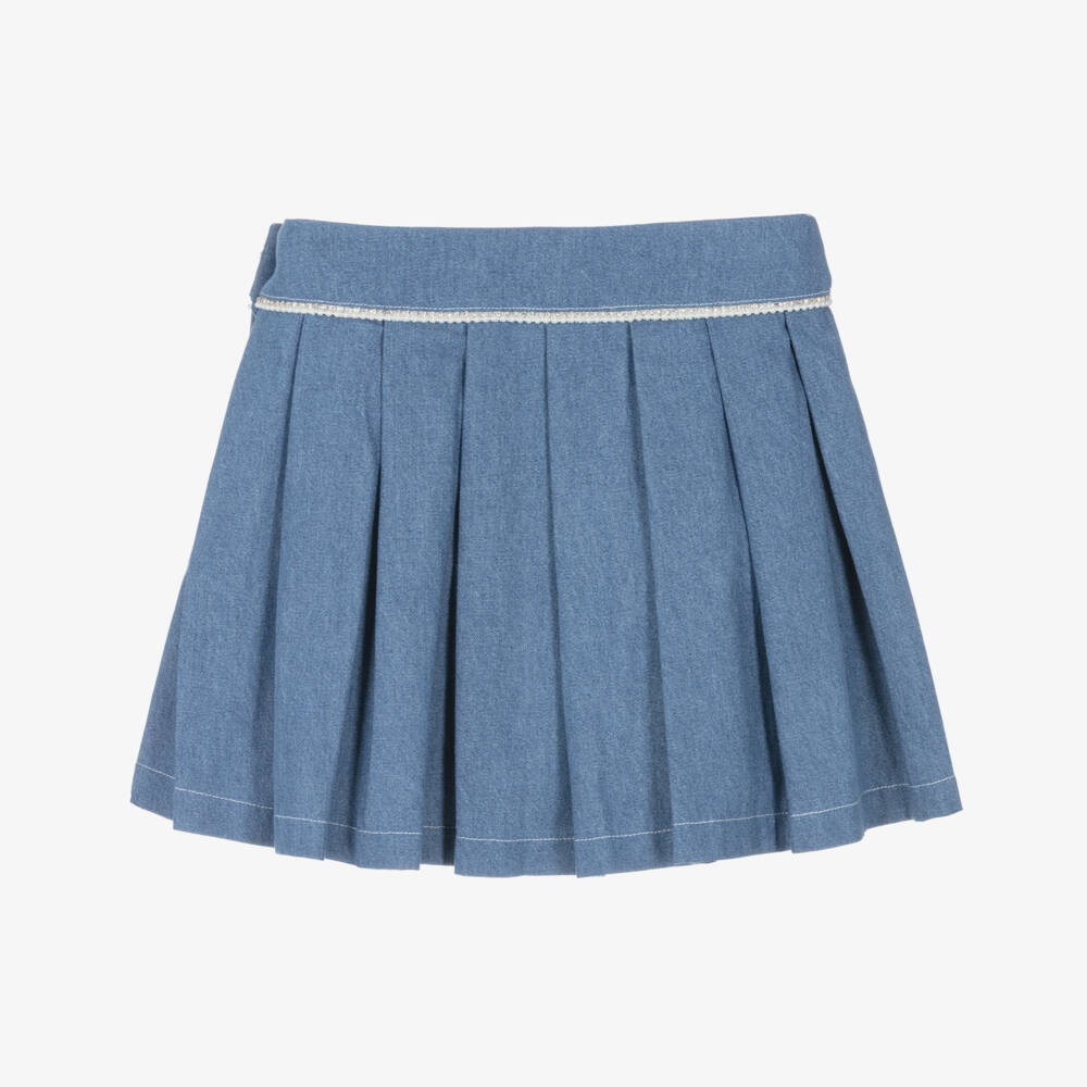 Patachou-Girls Blue Pleated Denim Skirt with Crystals & Pearl Beads | Childrensalon Outlet