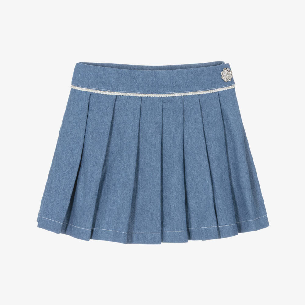 Patachou-Girls Blue Pleated Denim Skirt with Crystals & Pearl Beads | Childrensalon Outlet