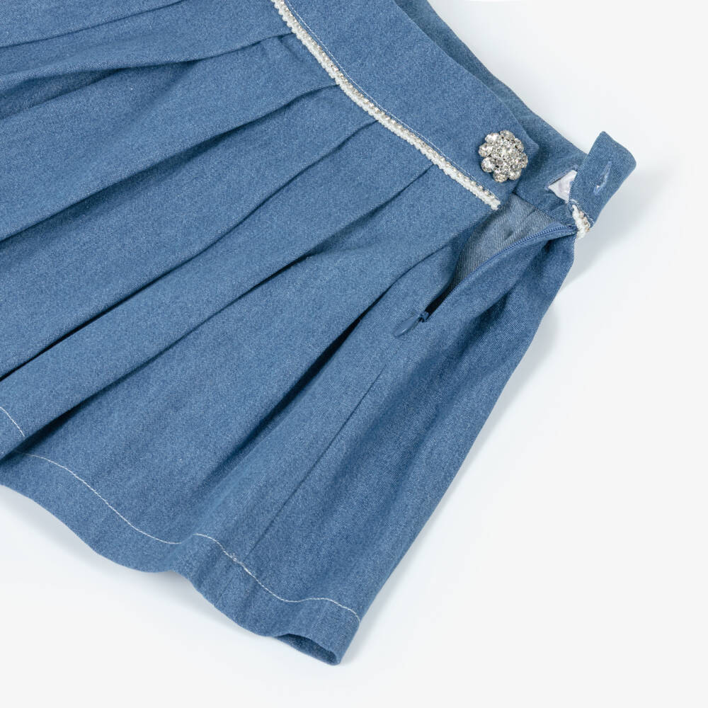Patachou-Girls Blue Pleated Denim Skirt with Crystals & Pearl Beads | Childrensalon Outlet