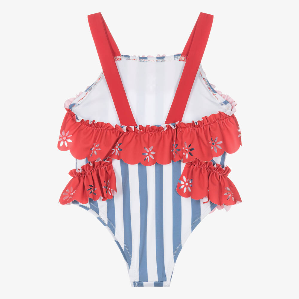 Patachou-Girls Blue & Red Ruffle Stripe Swimsuit (UV50) | Childrensalon Outlet