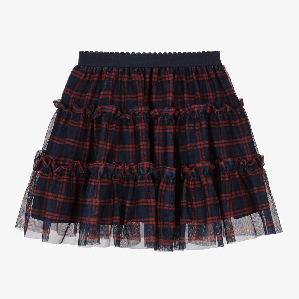 Girls Blue Red Tartan Tulle Skirt