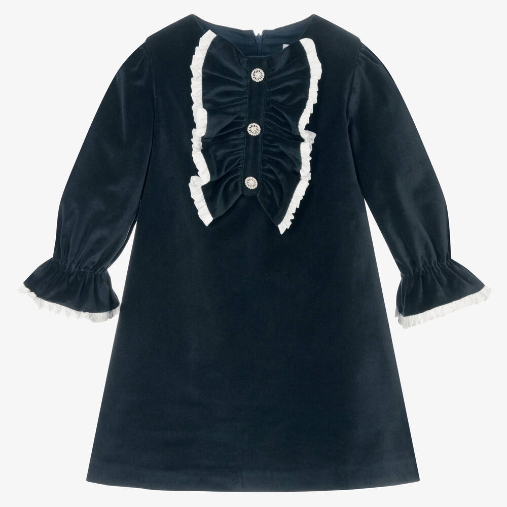 Patachou - Girls Blue Ruffle Velvet Dress  | Childrensalon