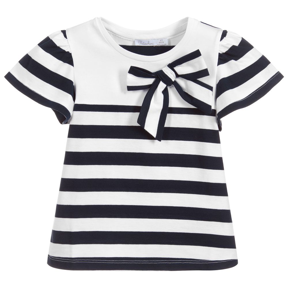 Patachou - Girls Blue Stripe Cotton T-Shirt | Childrensalon