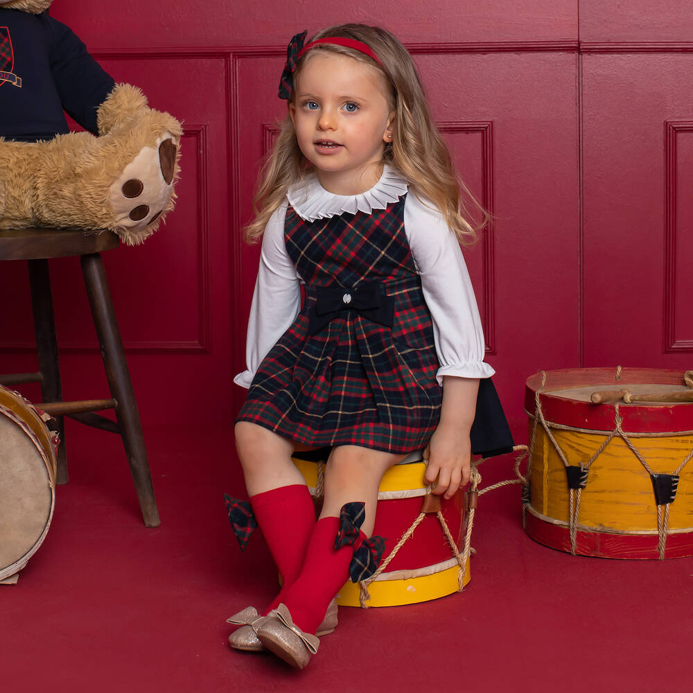 Patachou Girls Blue Tartan Cotton Pinafore Dress Set