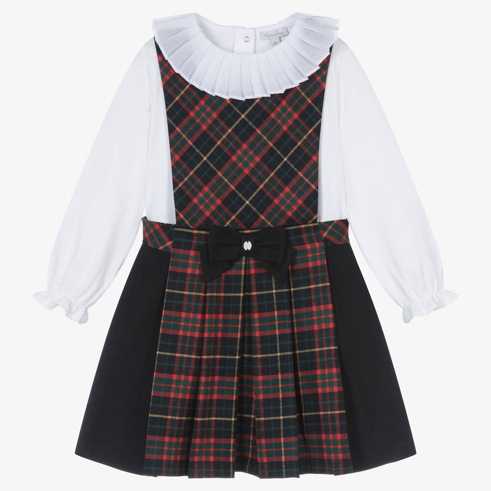 Patachou - Girls Blue Tartan Cotton Pinafore Dress Set | Childrensalon