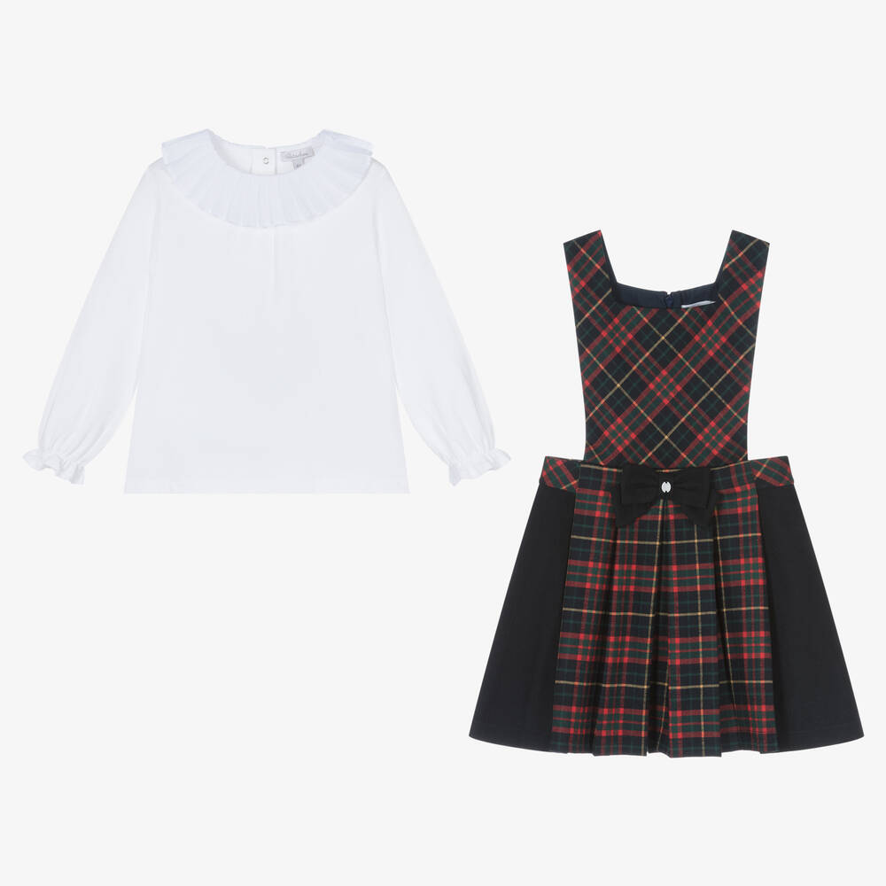 Patachou-Girls Blue Tartan Cotton Pinafore Dress Set | Childrensalon Outlet