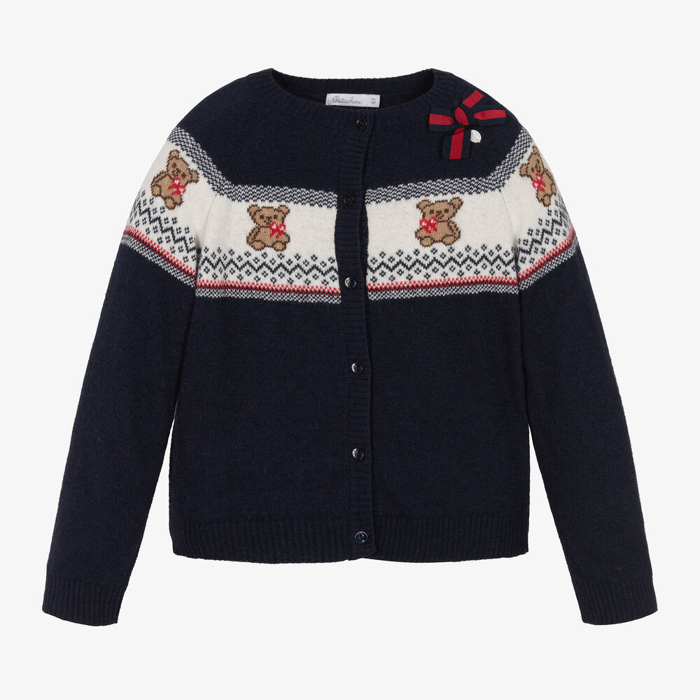 Patachou - Girls Blue Teddy Wool Knit Cardigan | Childrensalon