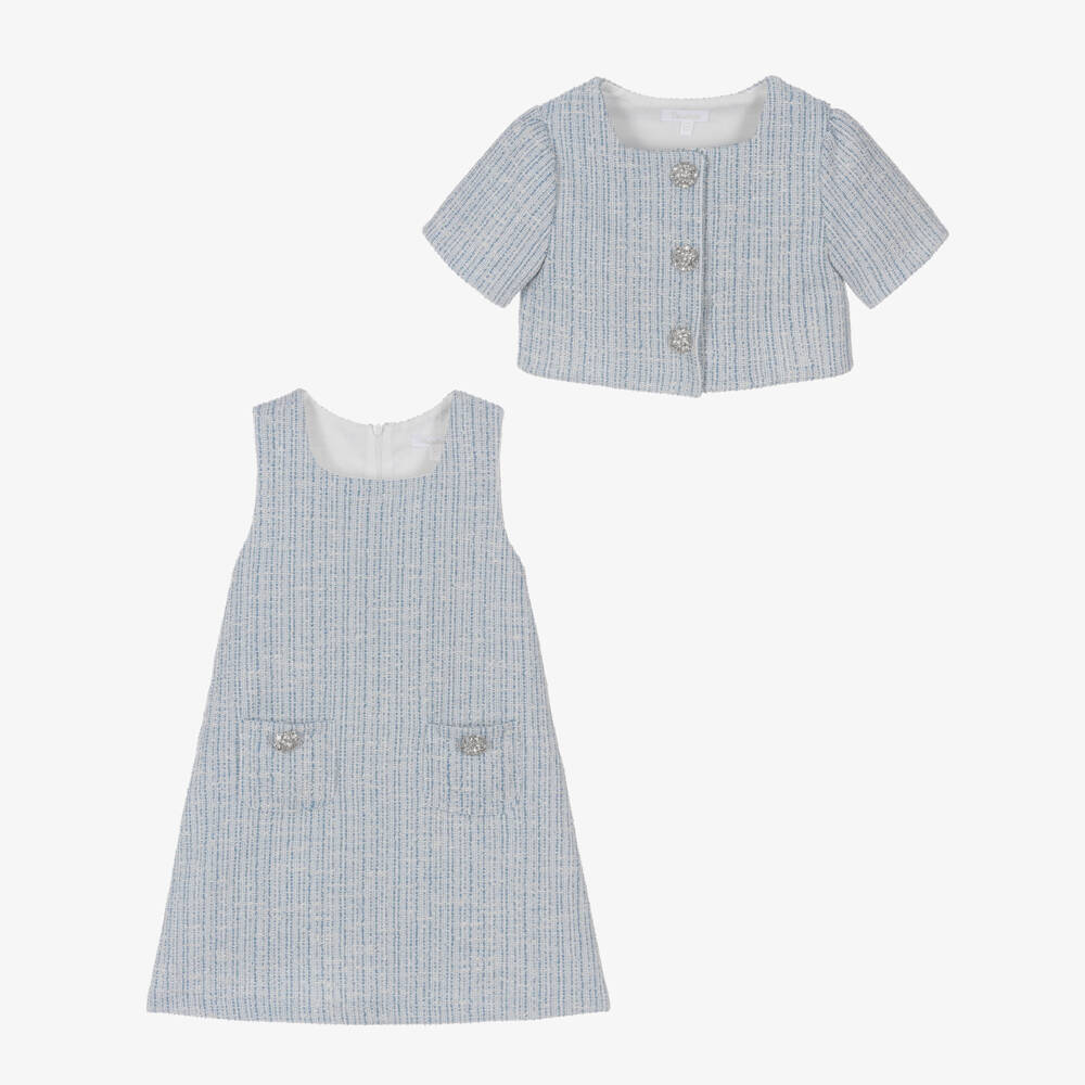 Patachou-Girls Blue Tweed Dress Set with Diamanté Buttons | Childrensalon Outlet