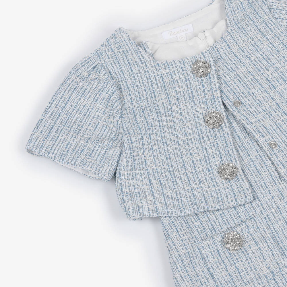 Patachou-Girls Blue Tweed Dress Set with Diamanté Buttons | Childrensalon Outlet