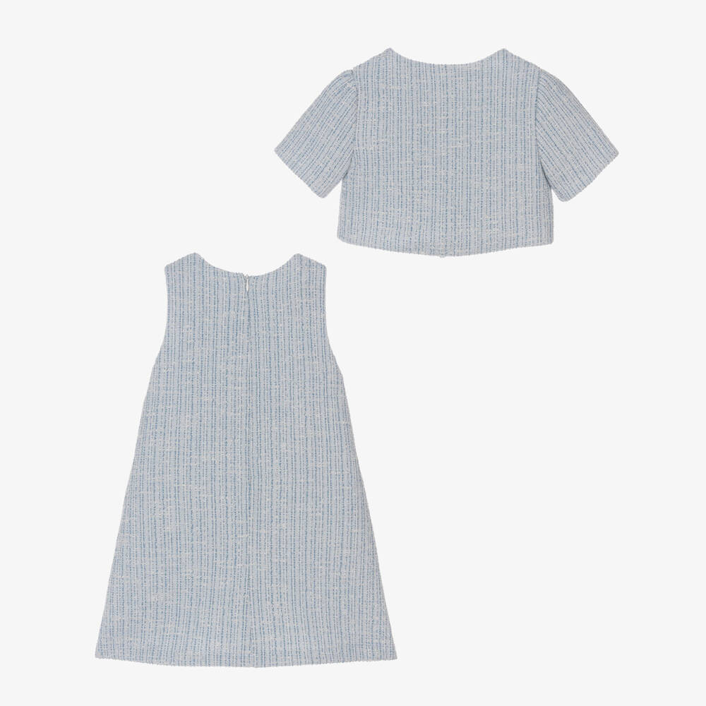 Patachou-Girls Blue Tweed Dress Set with Diamanté Buttons | Childrensalon Outlet