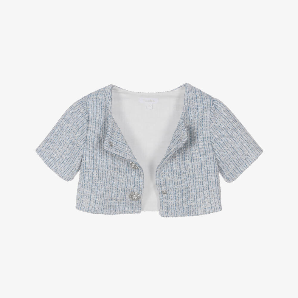 Patachou-Girls Blue Tweed Dress Set with Diamanté Buttons | Childrensalon Outlet