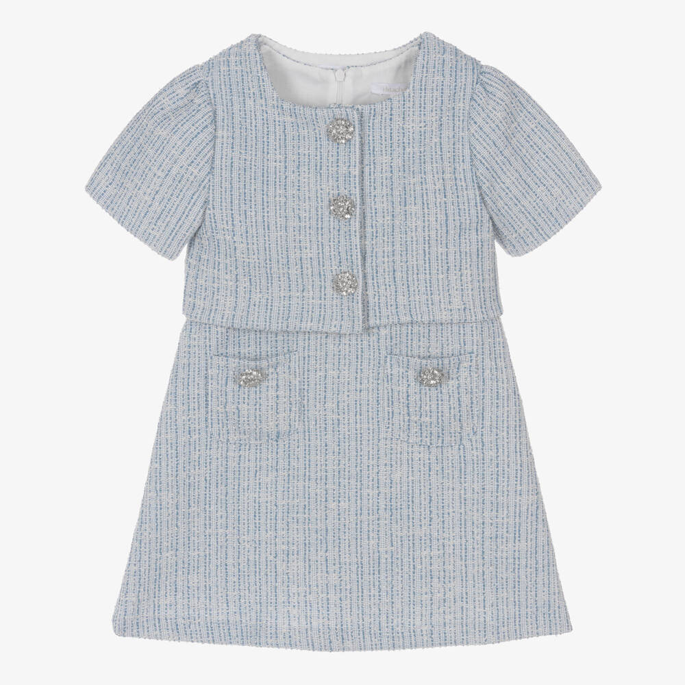 Patachou-Girls Blue Tweed Dress Set with Diamanté Buttons | Childrensalon Outlet