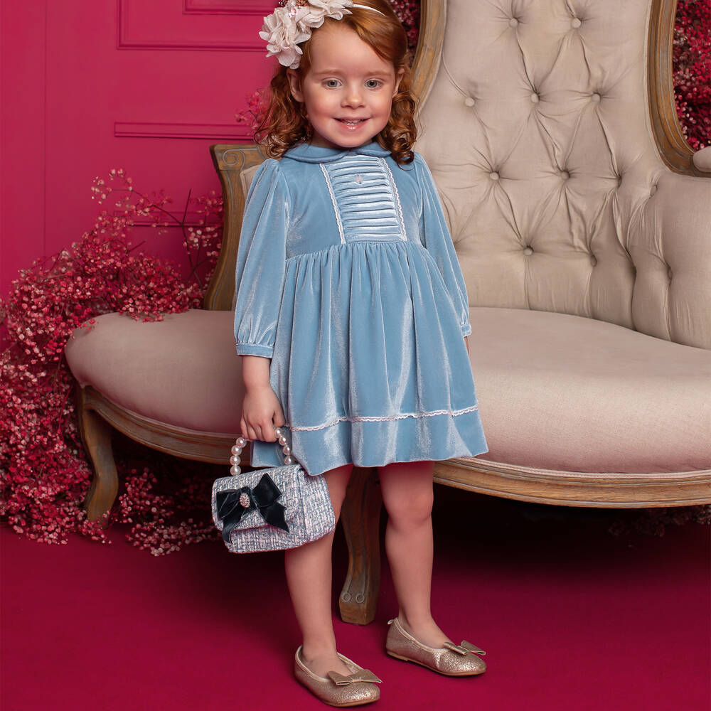 Patachou-Girls Blue Velour & Lace Dress | Childrensalon Outlet