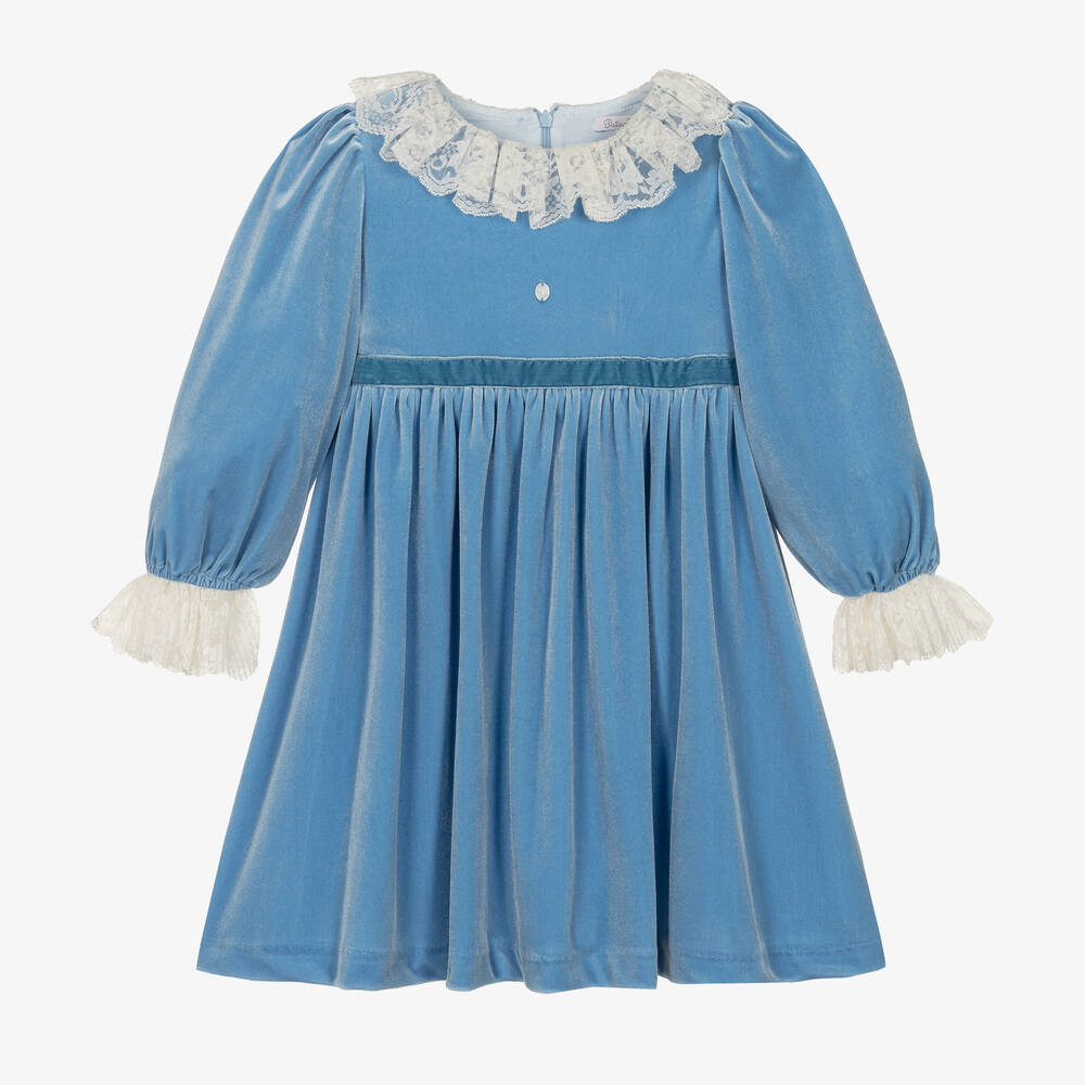 Patachou - Girls Blue Velour Lace Dress | Childrensalon