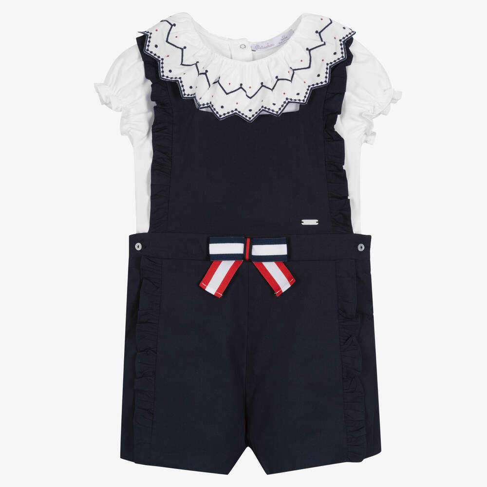 Patachou - Girls Blue & White Dungaree Shorts Set | Childrensalon