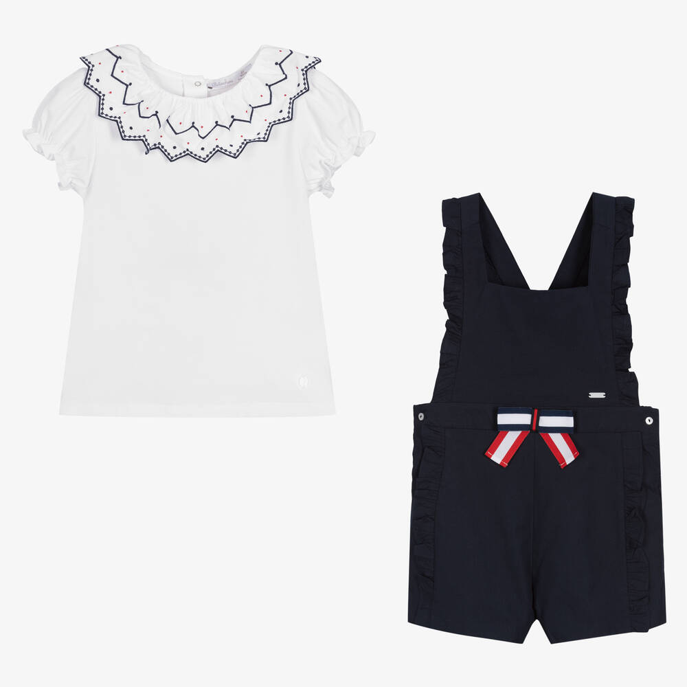 Patachou-Girls Blue & White Dungaree Shorts Set | Childrensalon Outlet
