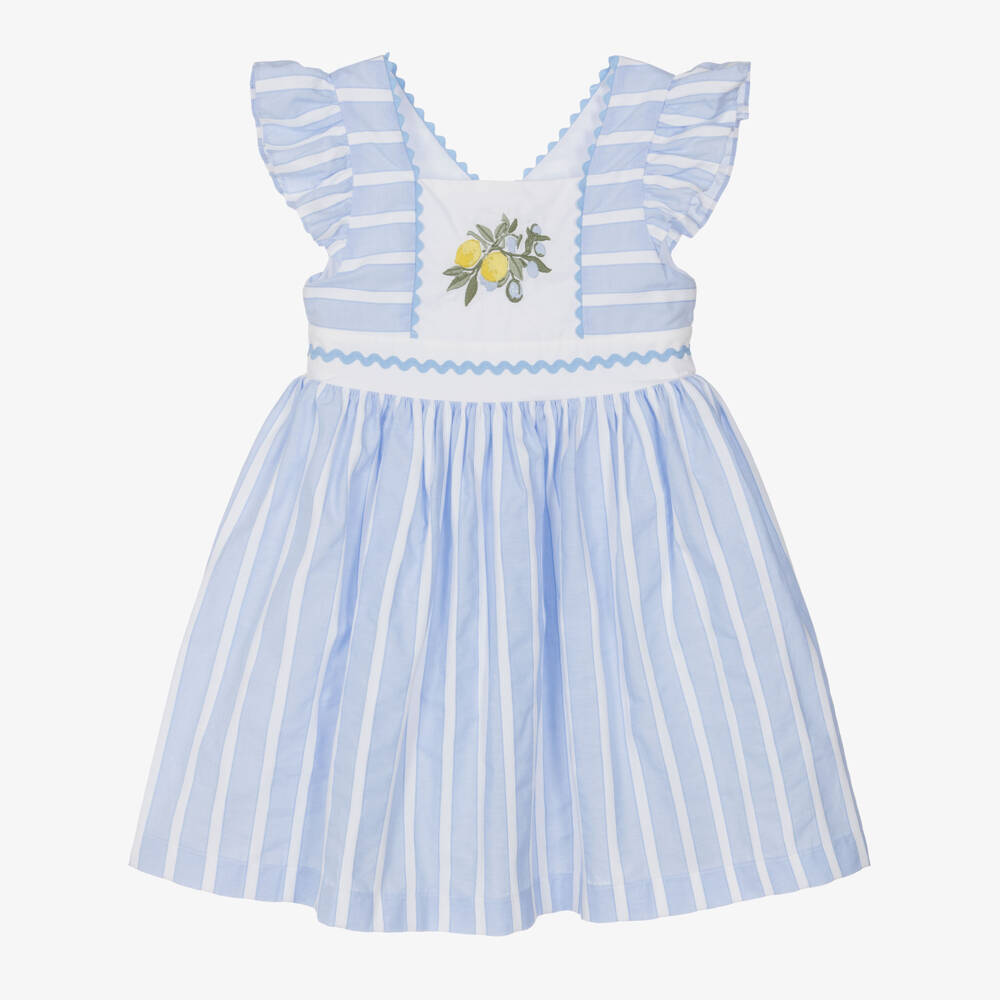 Patachou-Girls Blue & White Stripe Embroidered Cotton Dress | Childrensalon Outlet