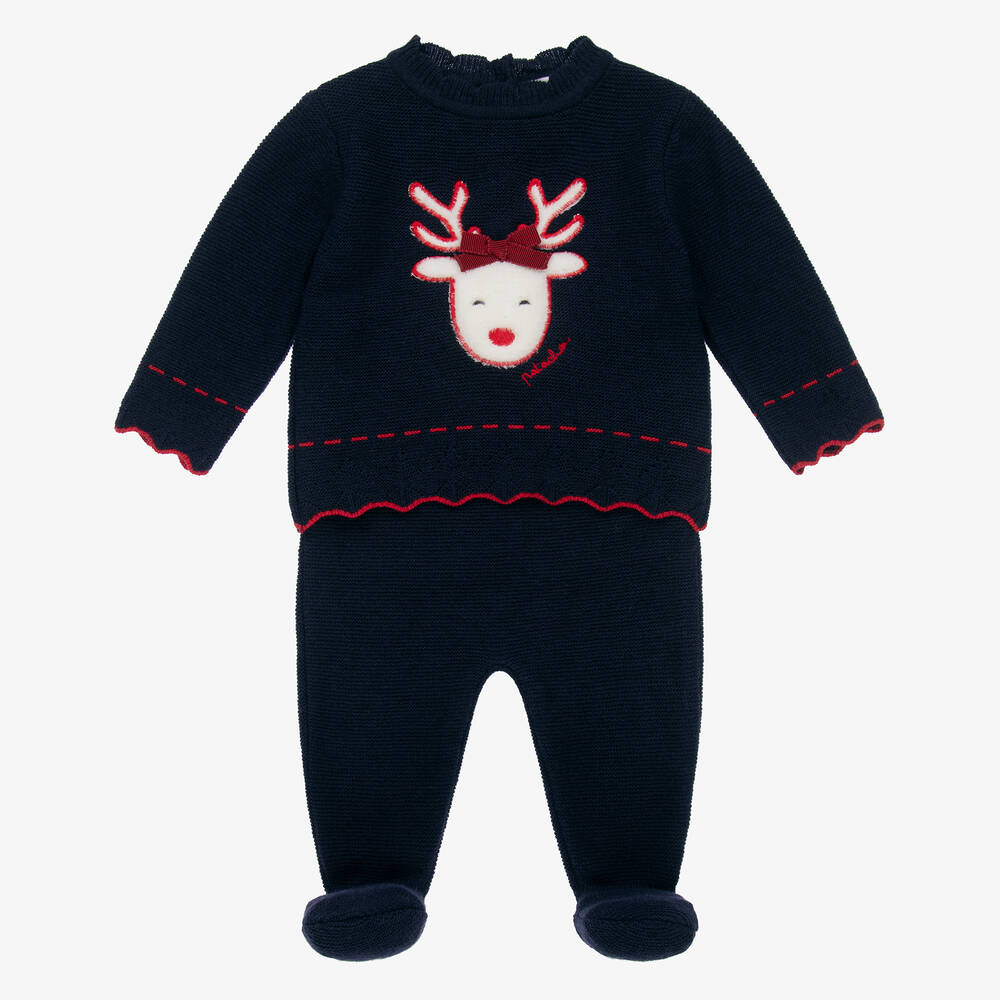 Patachou-Girls Blue Wool Knit 2 Piece Babygrow | Childrensalon Outlet