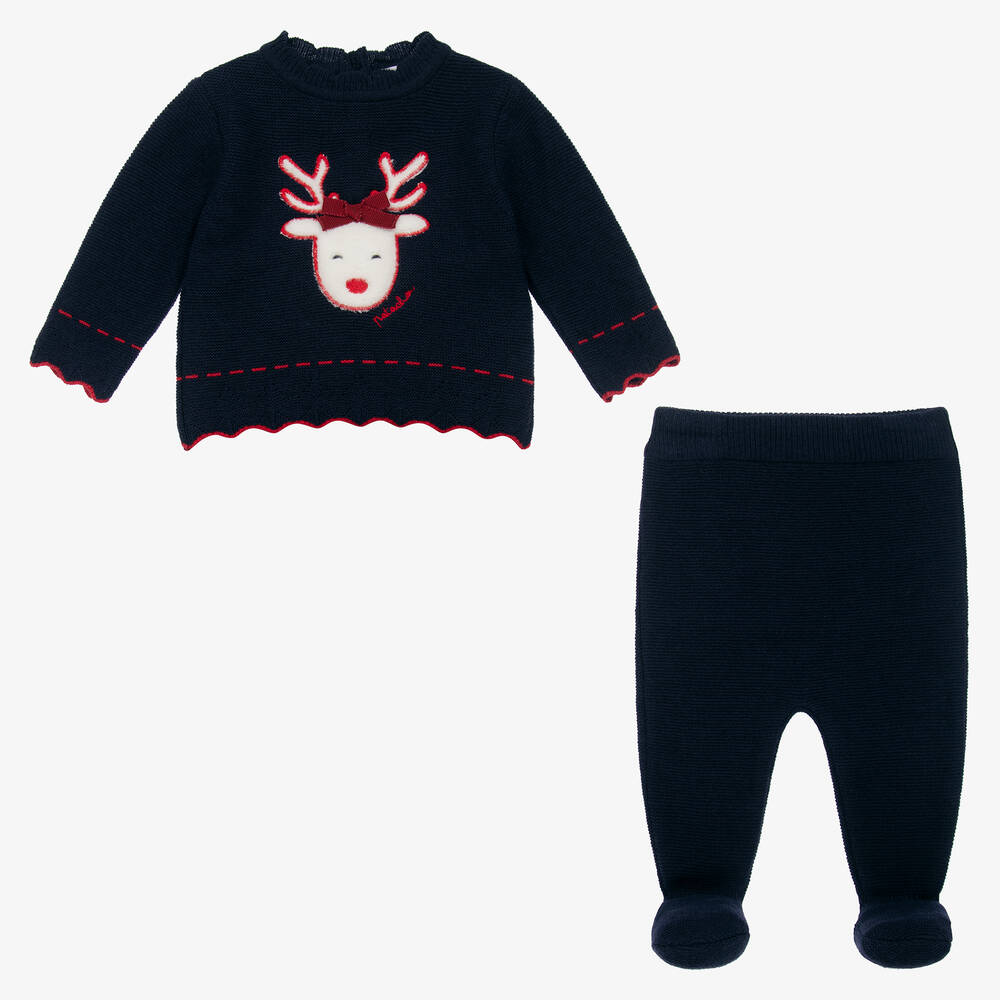 Patachou-Girls Blue Wool Knit 2 Piece Babygrow | Childrensalon Outlet