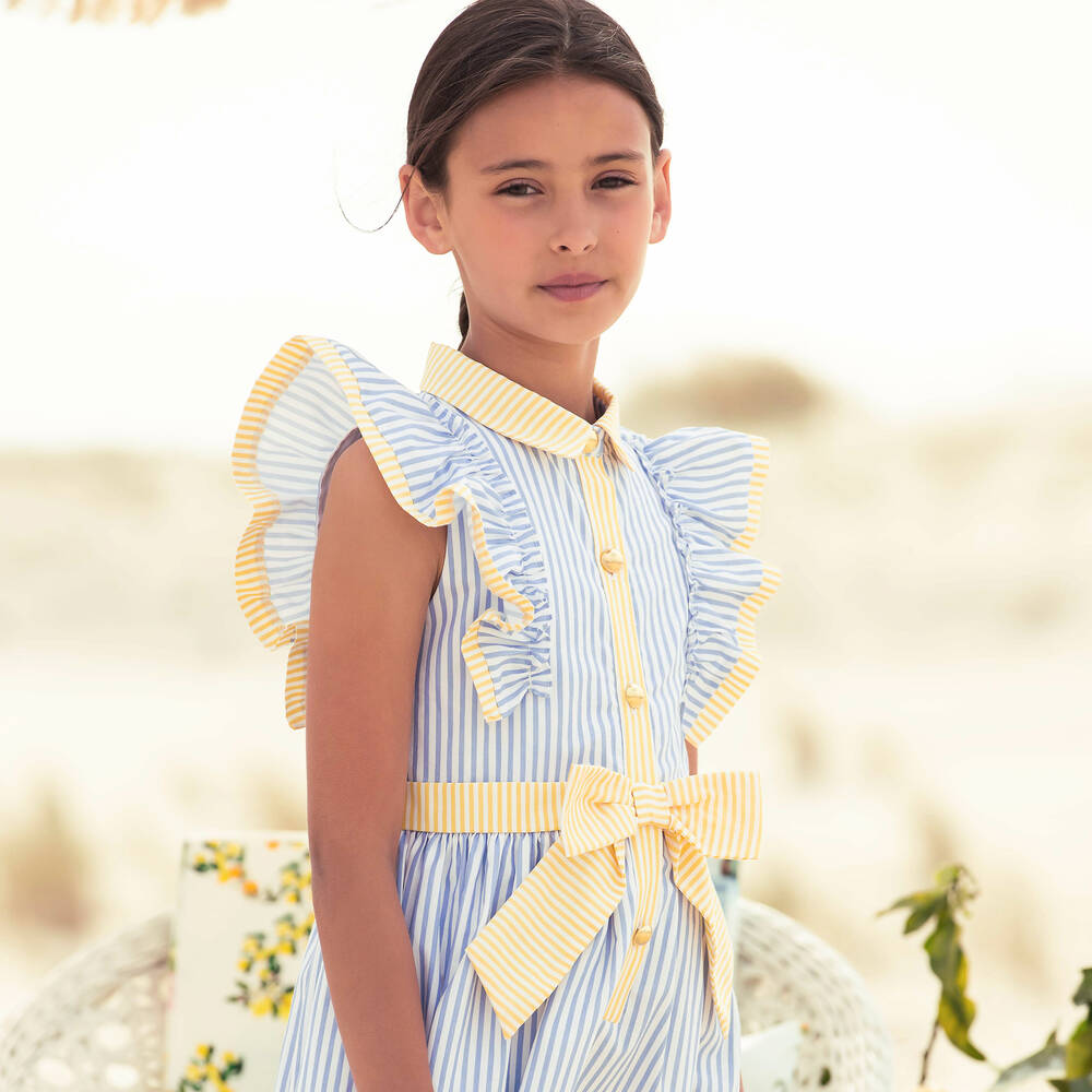 Patachou-Girls Blue & Yellow Stripe Poplin Dress | Childrensalon Outlet
