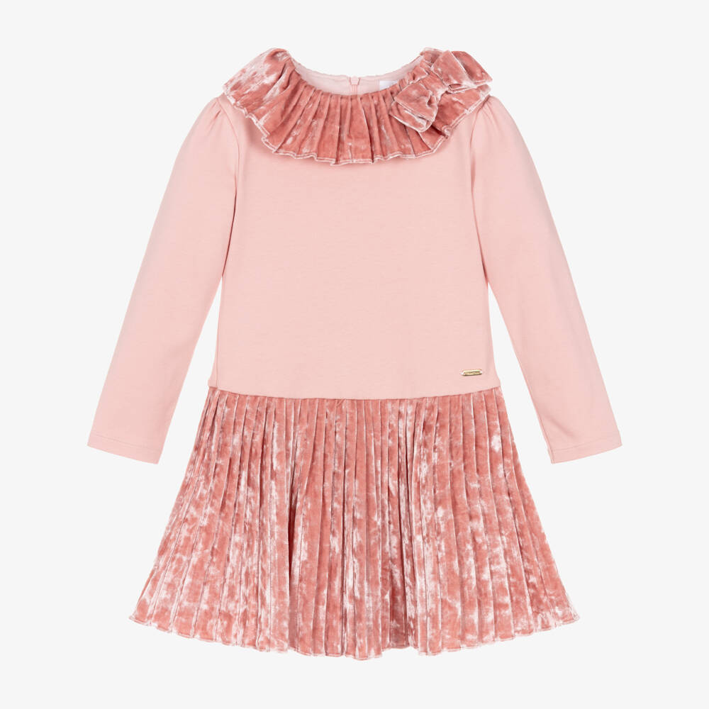 Patachou-Girls Blush Pleated Velvet Dress | Childrensalon Outlet