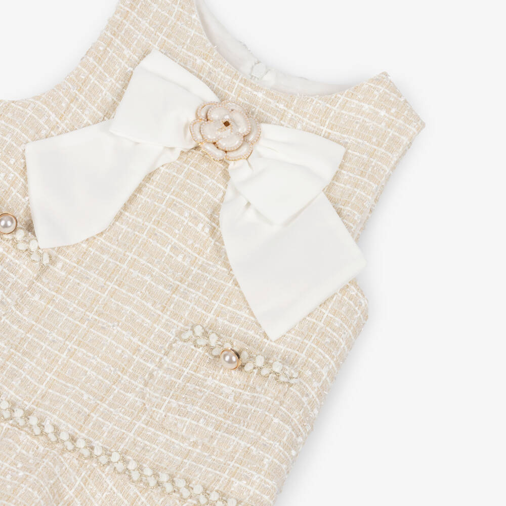 Patachou-Girls Champagne Beige Tweed Bow Dress | Childrensalon Outlet