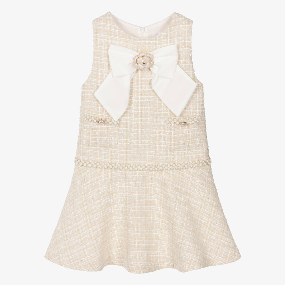 Patachou-Girls Champagne Beige Tweed Bow Dress | Childrensalon Outlet