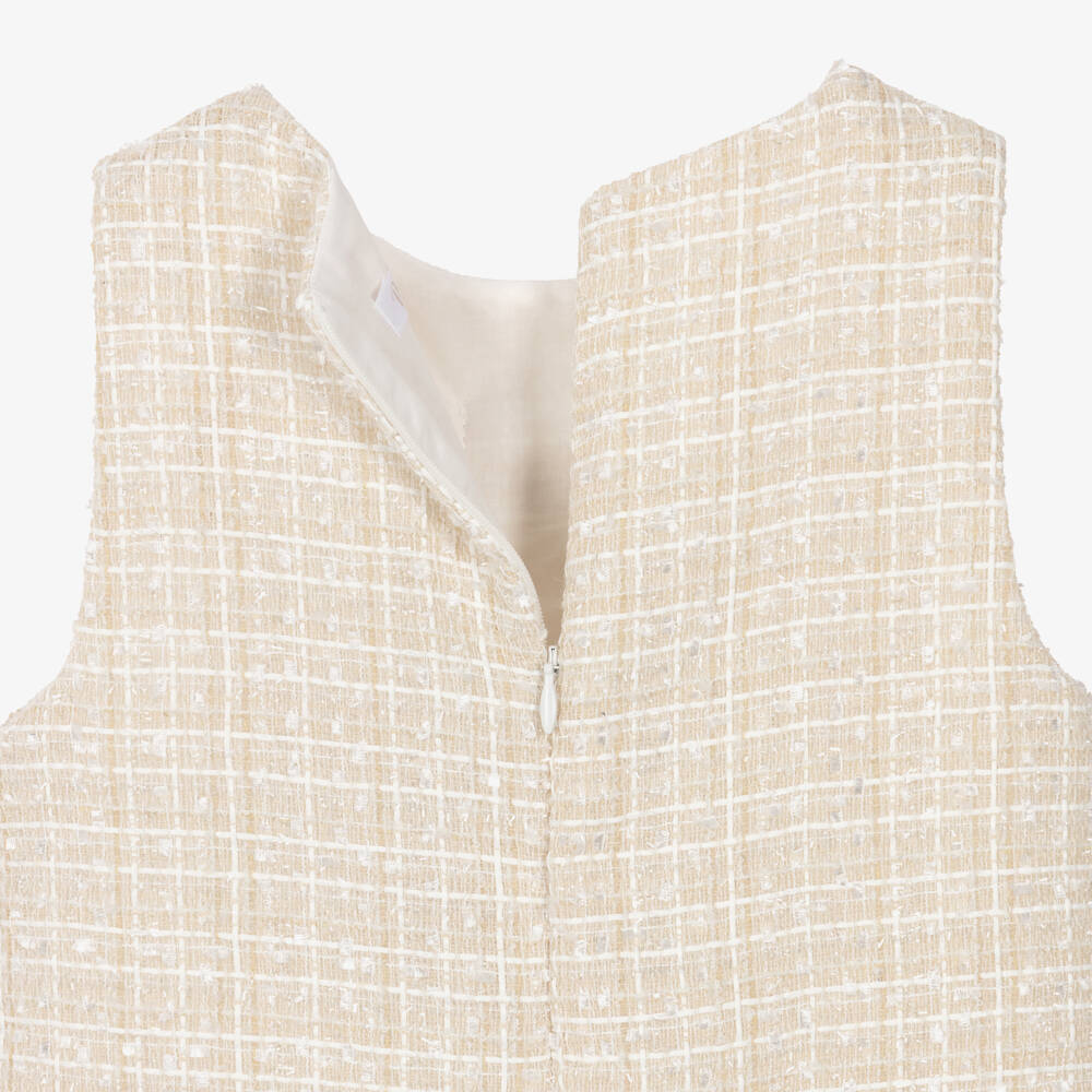 Patachou-Girls Champagne Beige Tweed Bow Dress | Childrensalon Outlet