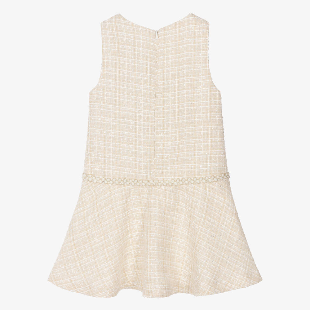 Patachou-Girls Champagne Beige Tweed Bow Dress | Childrensalon Outlet
