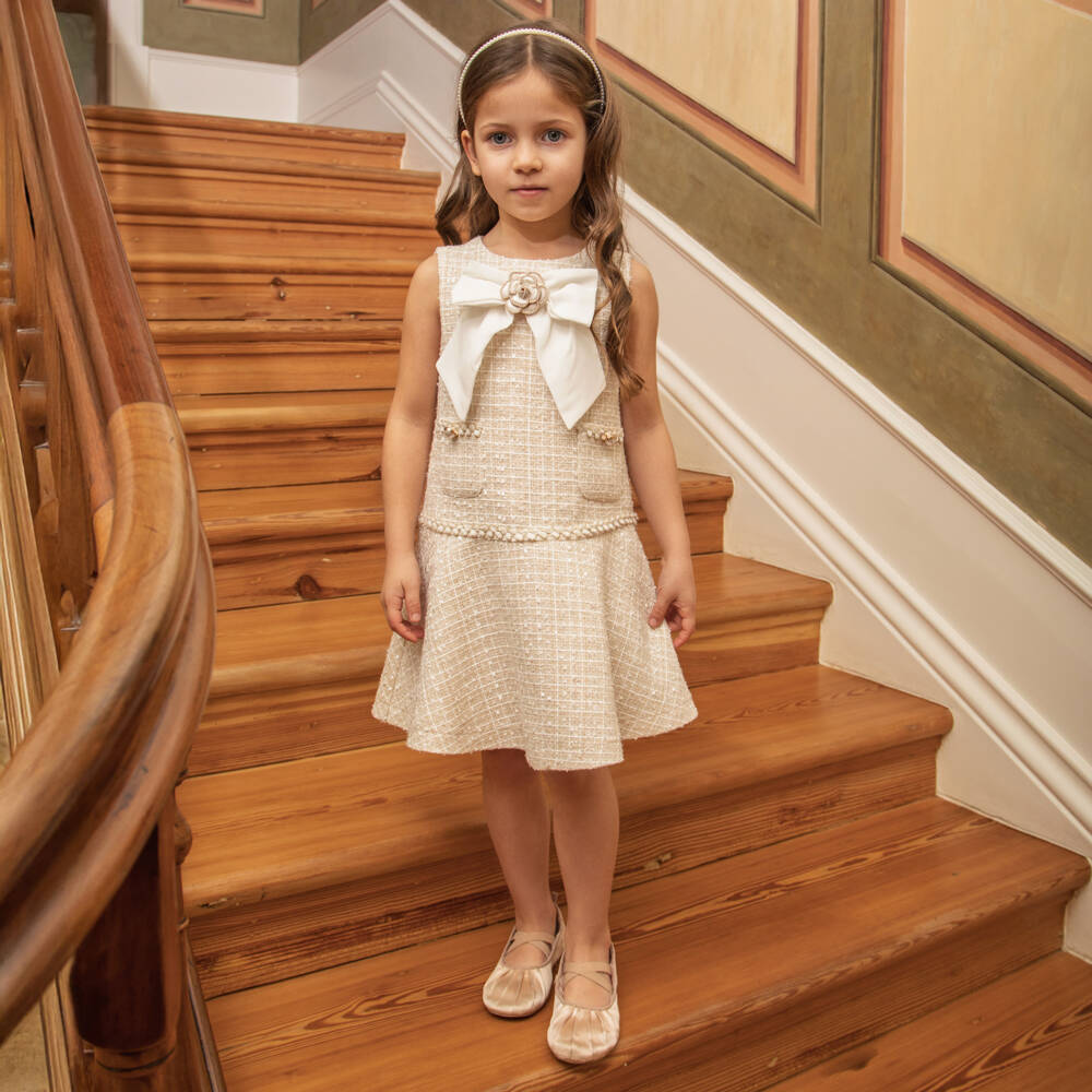 Patachou-Girls Champagne Beige Tweed Bow Dress | Childrensalon Outlet