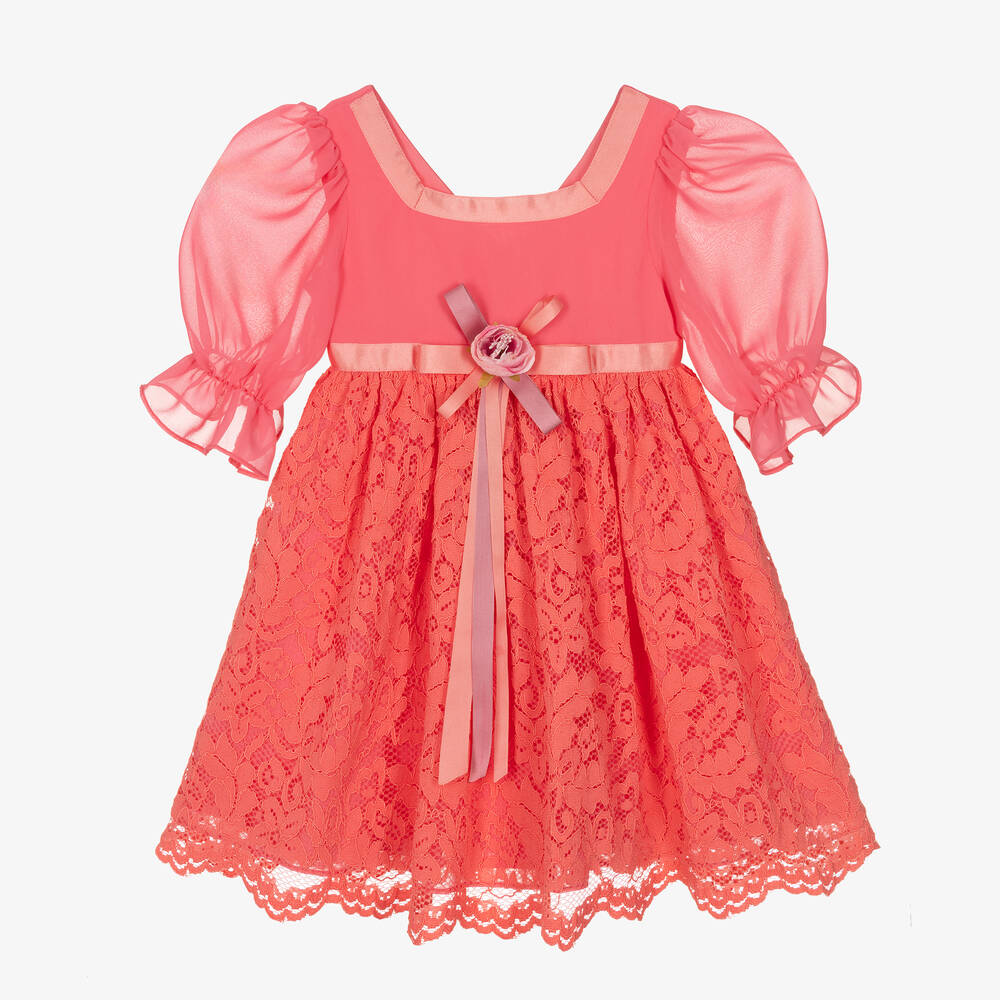 Patachou Girls Coral Pink Chiffon Lace Dress Childrensalon Outlet