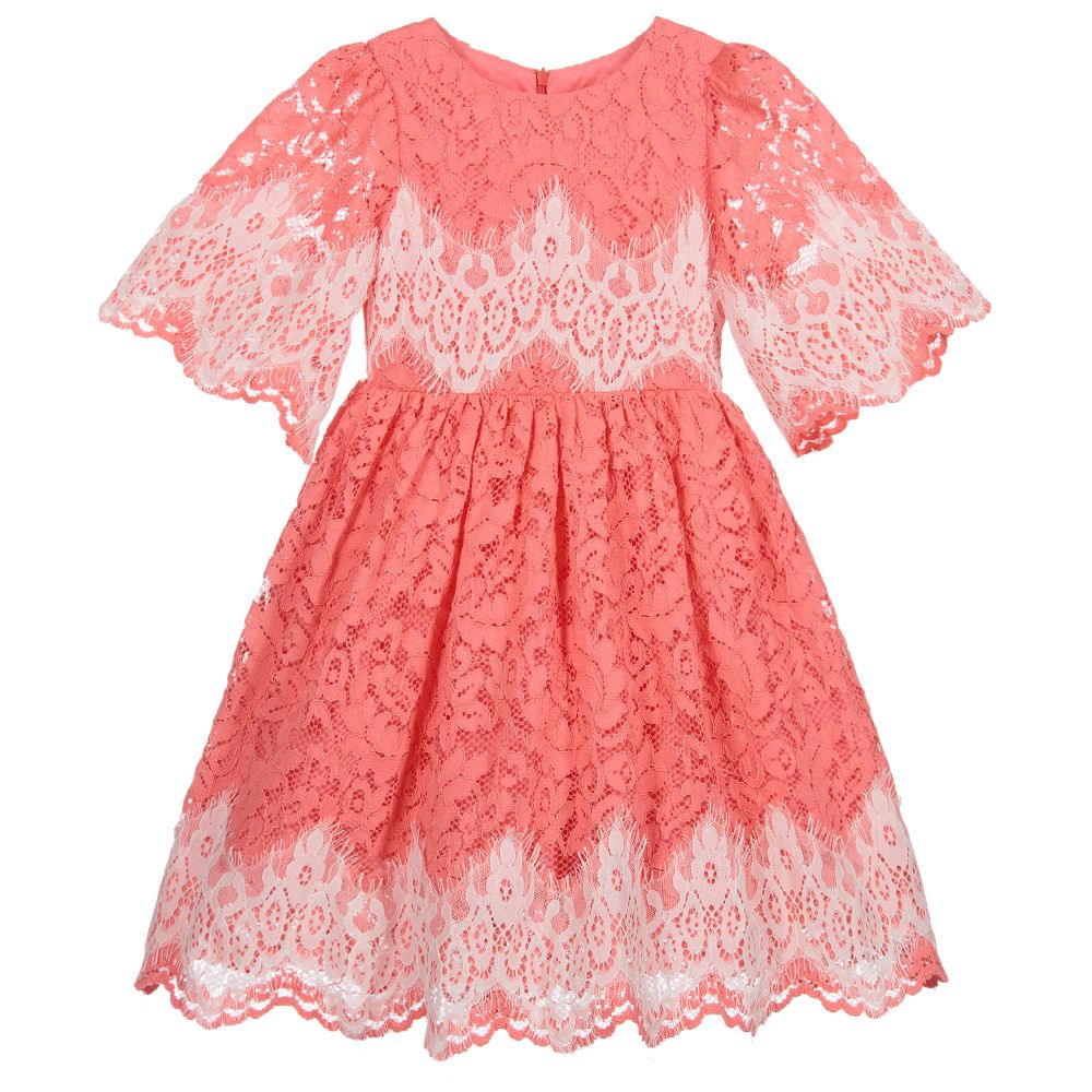 Patachou - Girls Coral Pink Lace Dress | Childrensalon